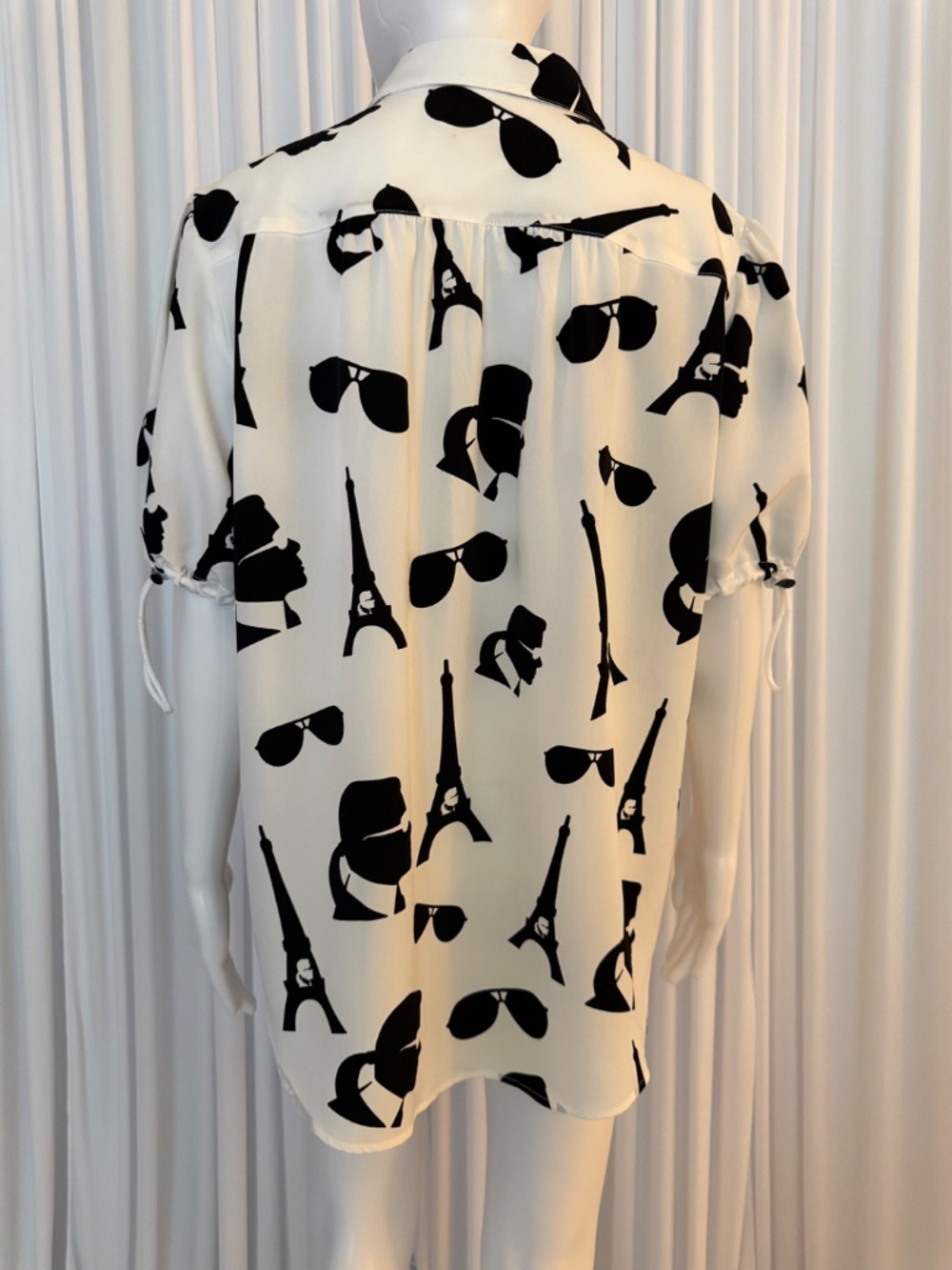 Karl Lagerfeld Paris Eiffel Tower Graphic Blouse L NWOT Toggle Sleeve Shirt - Picture 4 of 16